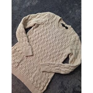 Jeannie Pierre Crew Neck Cable Knit‎ Sweater Womens S Oatmeal Fishermen Cabin...